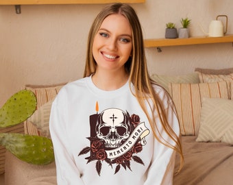 Floral Memento Mori, Skull with Red Roses, Catholic Sweatshirt, Remember your Death, Catholic All Souls Day, Halloween -Catholic Sweatshirt