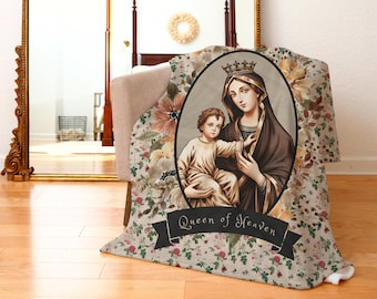 Queen of Heaven, Blessed Virgin Mary, Baptismal Gift, Catholic Celebration Gift, Marian Blanket, Floral Mary's Blanket Catholic Blanket Gift