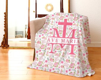 Ave Maria Gebet Gesegnete Jungfrau Maria Decke, rosa Blumenmuster Ave Maria Gebet, katholische Geschenkideen für Frauen - Samt Minky Decke