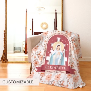 Manta Mariana Floral PERSONALIZABLE, Colóquese bajo el manto de María Devoción Confirmación / Bautismo de Bebé Regalo - Manta de Felpa Católica