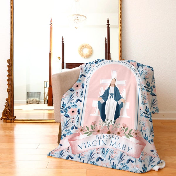 Vous êtes à jamais protégé par la Bienheureuse Vierge Marie, couverture pour enfants catholiques, cadeau de baptême - Couverture en peluche catholique en velours