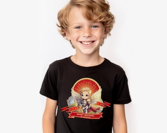 May include: A black youth t-shirt featuring a red, white and gold graphic of a cartoon angel holding a sword. The graphic includes the text "Pray for us" and "Saint Michael the Archangel".