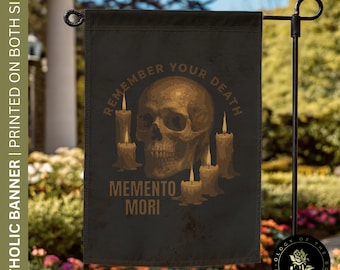Bandera de jardín Memento Mori, bandera católica para exteriores, decoración para el Día de Todos los Santos, pancarta para el Día de los Fieles Difuntos, regalo católico