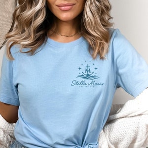 Stella Maris Ora Pro Nobis, Our Lady Star of the Sea, Blessed Virgin Mary Small Print T-shirt for Women, Logo Print-Catholic Shirt for women