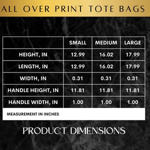 Op de afbeelding: Een tabel die de afmetingen van tote bags in inches laat zien. De tabel heeft kolommen voor de maten klein, medium en groot. De rijen tonen de hoogte, lengte, breedte, handvathoogte en handvatbreedte van elke maat.
