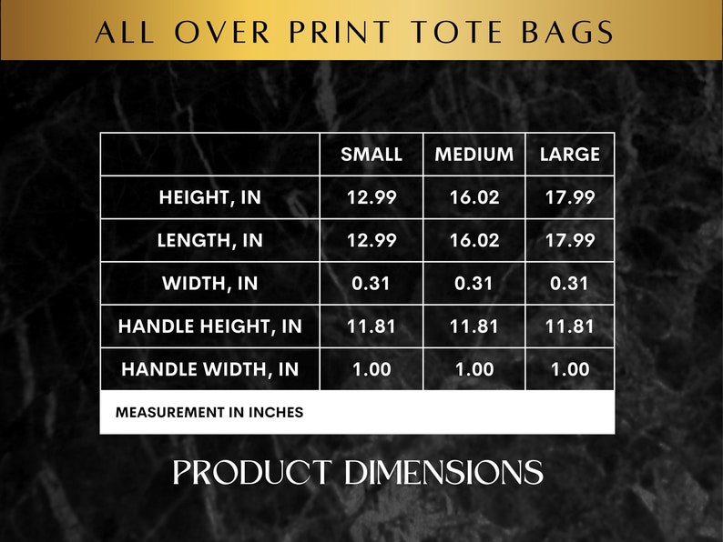 Op de afbeelding: Een tabel die de afmetingen van tote bags in inches laat zien. De tabel heeft kolommen voor de maten klein, medium en groot. De rijen tonen de hoogte, lengte, breedte, handvathoogte en handvatbreedte van elke maat.