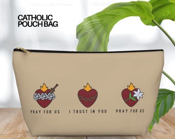 Sacred Heart, Chaste Heart, Immaculate Heart Catholic Pouch, Rosary Bag, Jesus, Mary and Joseph Catholic Gift, Confirmation Gift - Pouch bag