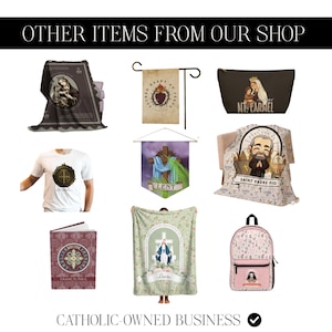 May include: A collection of Catholic-themed items, including a blanket with a depiction of the Virgin Mary and baby Jesus, a white t-shirt with a gold emblem, and a pink backpack with a religious image. The text "OTHER ITEMS FROM OUR SHOP" is at the top.
