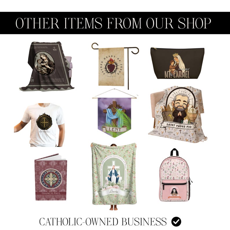 May include: A collection of Catholic-themed items, including a blanket with a depiction of the Virgin Mary and baby Jesus, a white t-shirt with a gold emblem, and a pink backpack with a religious image. The text "OTHER ITEMS FROM OUR SHOP" is at the top.