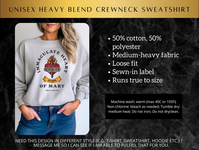 May include: Gray unisex crewneck sweatshirt with a graphic of the Immaculate Heart of Mary. The graphic features a heart with a sword, roses, and the text "Ave Maria" and "Pray for Us!".