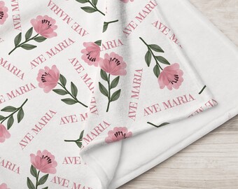 Ave Maria, Ave Maria, rosa Blumendecke, Marian Devotion Decke, rosa Blumenmuster, römisch-katholische Decke - katholische Decke