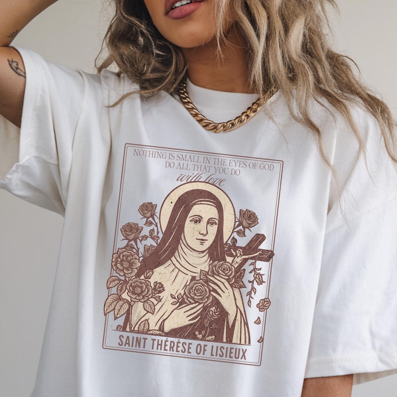 St Thérèse of Lisieux T-Shirt, Patron Saint Shirt, Catholic Gift for woman, Oversized 100% Cotton Tee, Traditional Faith Shirt, Cozy Tee image 1