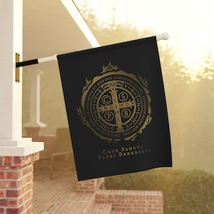 Gold Saint Benedict Medal House Banner/Flag, Catholic Home Gifts, Catholic Decor Flag, St Benedict of Nursia Medal - Garden & House Banner