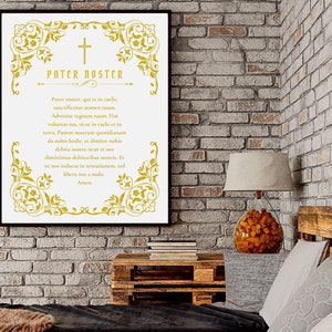 PATER NOSTER LATIN Catholic Classic Style in Gold Printable Wall Art - Our Father Prayer in Latin - Digital Download, Printable