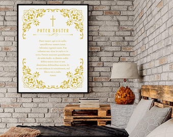 PATER NOSTER LATIN Catholic Classic Style in Gold Printable Wall Art - Our Father Prayer in Latin - Digital Download, Printable