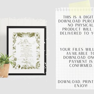 May include: A printable digital download of a vintage style illustration of a woman with the text "Ave. Maria" and a Latin prayer. The image is in shades of green and white.