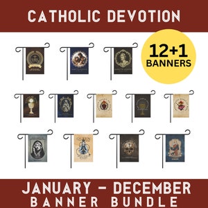 Pode incluir: Um conjunto de 13 bandeiras de jardim devocionais católicas, com várias imagens e textos religiosos. As bandeiras são projetadas para uso ao ar livre e são perfeitas para mostrar sua fé.