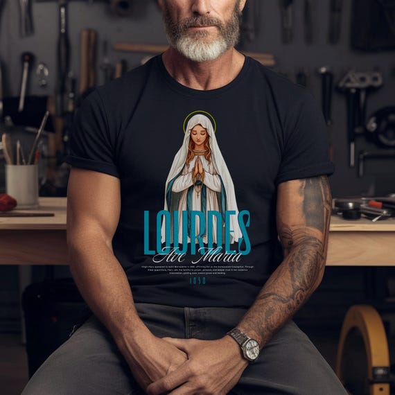 LOURDES Shirt, Our Lady, Virgin Mary Tee, Catholic Apparel, Marian Devotion, Catholic Gift for Mom/Dad, Feast Day, Saint Shirt, Mama Mary