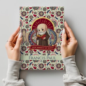 Puede incluir: Portada de libro con una ilustración de San Benito de Nursia sosteniendo un libro. El diseño incluye un patrón repetido de cruces, plumas y medallones. El título "Saint Benedict of Nursia" se muestra de forma destacada.