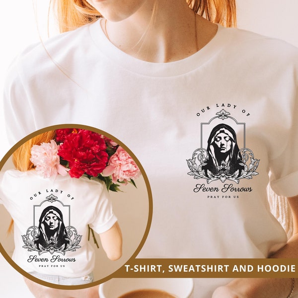 Our Lady of Sorrows Apparel, Mater Dolorosa, Virgin Mary, Immaculate Heart of Mary, Marian Devotion - Catholic Front&Back Print Apparel