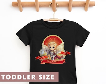 May include: Black toddler t-shirt featuring a cartoon image of Saint Michael the Archangel. The image includes a red and gold halo, wings, and armour. The text "I pray for us all God" is written on a red ribbon.