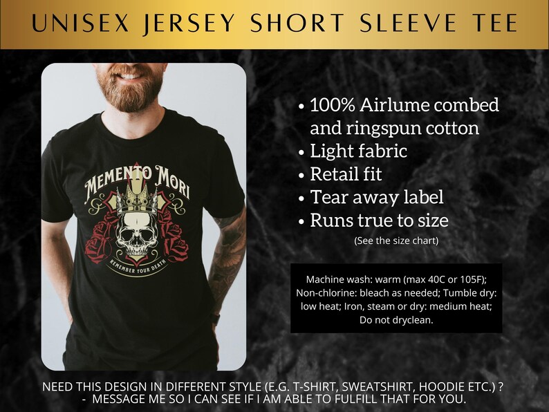 Pode incluir: Camiseta preta de manga curta com uma caveira usando uma coroa e o texto "Memento Mori" e "Remember Your Death". A camiseta &eacute; feita de 100% algod&atilde;o penteado Airlume e ringspun.