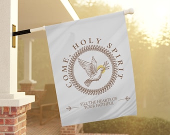 May include: White flag with brown text that reads "Come Holy Spirit Fill the Hearts of Your Faithful". A brown dove with an olive branch in its beak is inside a brown wreath.