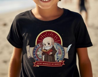 St Benedict of Nursia Kids Shirt, Catholic Youth Shirt, Confirmation Saint, Gift for Kids, Catholic Boy, First Communion Gift - Youth Shirt