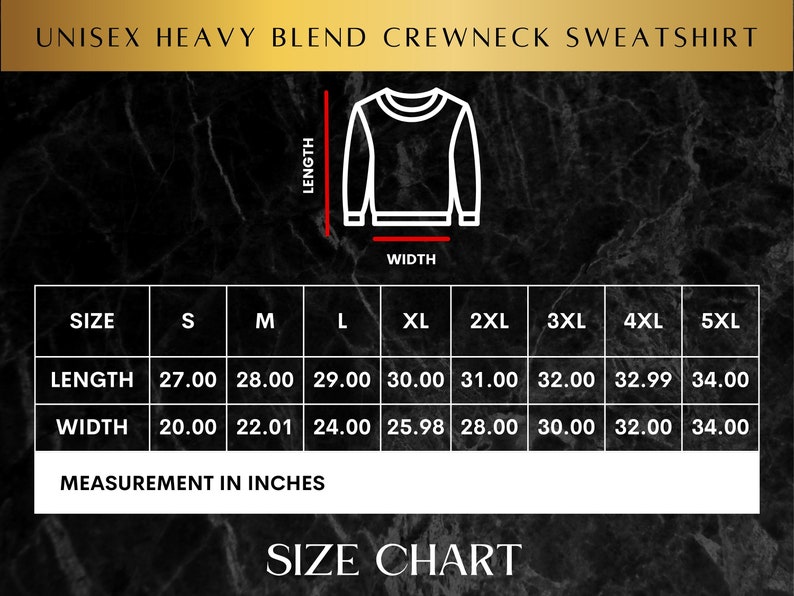 May include: Size chart for a unisex heavy blend crewneck sweatshirt. The chart shows measurements in inches for length and width, with sizes ranging from S to 5XL.