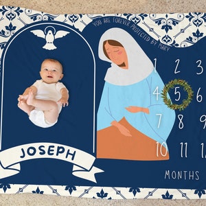 PERSONALIZABLE Blue Marian Milestone Catholic Baby Blanket, Growth Tracker Manta Bautismo Regalo, Virgin Mary - 50 x 60 Milestone Manta