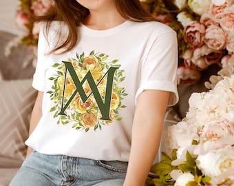 Yellow and Green Floral Auspice Maria, Virgin Mary Monogram, Marian Devotion - Catholic shirt for Women