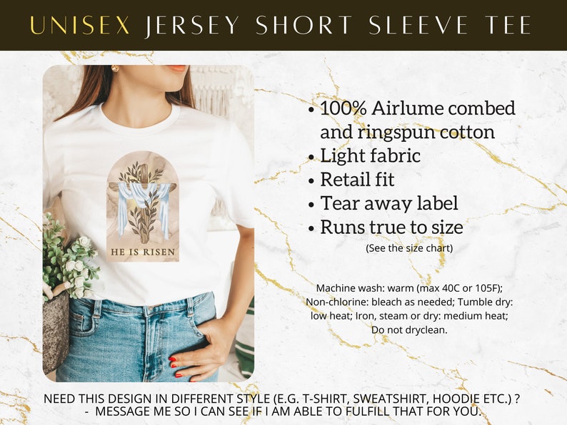 May include: White short-sleeved t-shirt with a blue and brown watercolor design of a cross with the text "He is Risen". The t-shirt is made of 100% Airlume combed and ringspun cotton.