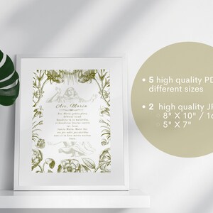 May include: Printable digital download of a vintage style illustration of the Ave Maria prayer with floral accents. The image is in shades of green and includes the text "Ave Maria, gratia plena, Dominus tecum..." The download includes 5 high quality PDF files in different sizes and 2 high quality JPEG files in 8" x 10" / 16" x 20" and 5" x 7" sizes.