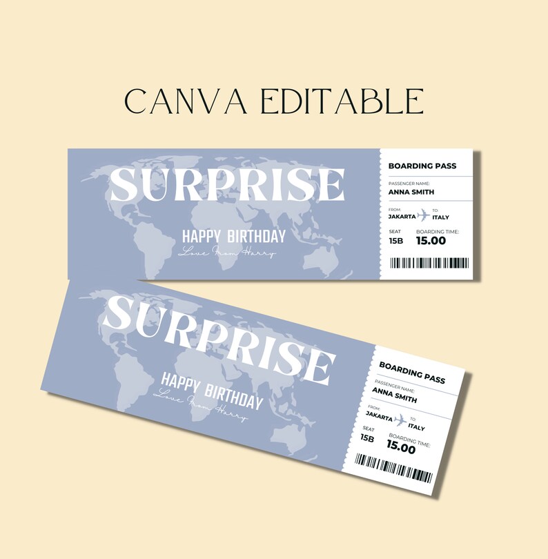 Editable Boarding Pass Template, Printable Personalized Airline Ticket ...