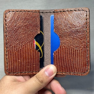 Cartera de piel de lagarto auténtica, marrón y naranja, regalo perfecto para él, cosida a mano, billetera hecha a mano, billetera plegable de piel, minimalista