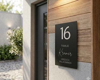 Türschild Haustür personalisiert mit Namen & Hausnummer, Familienschild Metall schwarz wetterfest, Einzugsgeschenk Hausbau, Klingelschild