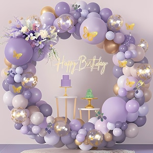 Purple Cream Confetti Balloon Arch for Girl Birthday Party, Lavender Gold Butterfly Balloon Garland Kit – Baby Shower, Garden Decor