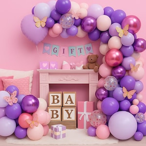 Girl Baby Shower Balloon Arch with Butterfly Decorations, Purple Pink Balloon Garland Kit –  Birthday Party Balloons for Indoor Decor
