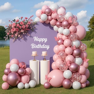 Happy Birthday Balloon Decor, Pink Mauve Balloon Garland Kit, Rose Gold White Pink Confetti Butterfly Balloons for Girl Birthday,Baby Shower