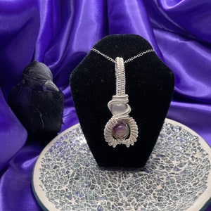 Silver Raven Silver Coated Copper Wire Pendant with White Cat&#39;s Eye and Purple Striped Agate