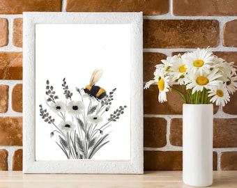 Bees & Flowers Printable Art, Honey Bee, Bumble Bee, Digital Download, Flowers, Floral, Daisies, Daisy, Yellow, Black, White, Home Decor