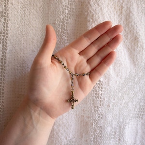 Vintage-Inspired Gold & Blue Shift Bead Cross Bracelet – Rosary Style Religious Jewelry