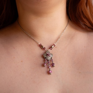 Pink Flower Pendant Necklace – Vintage Inspired Beaded Rose Necklace with Romantic Cottagecore Charm