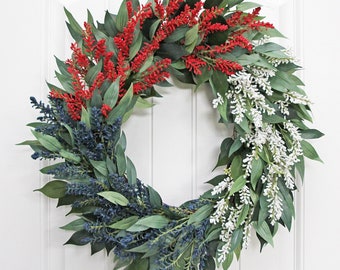 Patriotic Summer Wreath for Front Door, Red White and Blue Berry Wreath, Modern 4th of July Wreath, Memorial Day Wreath, Front Door Decor