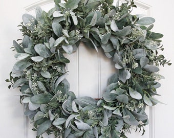 Lamb's Ear Greenery and White Bud Wreath, Year Round Wreath for Front Door, Modern Farmhouse Wreath, Greenery Wreath, Every Day Wreath