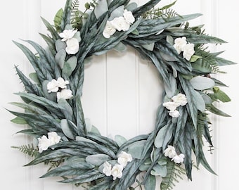 Eucalyptus and Lamb's Ear Wreath with Mini White Roses, Year Round Wreath for Front Door, Everyday Modern Farmhouse Wreath Handmade Gift