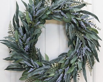 Eucalyptus and Astilbe Wreath, Year Round Wreath for Front Door, Eucalyptus and Blue-Purple Flower Wreath, Modern Farmhouse Wreath Handmade