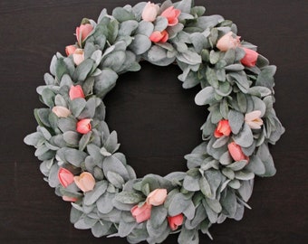Lamb's Ear and Pink Tulip Wreath, Lamb's Ear Wreath for Front Door, Modern Farmhouse Wreath, Year Round Lamb's Ear Wreath, Pink Tulip Wreath