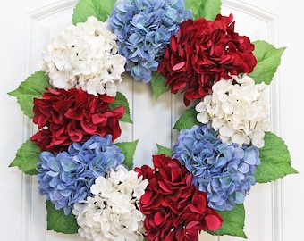4th of July Wreath, Red White and Blue Wreath for Front Door, Patriotic Wreath, Hydrangea Wreath, USA Wreath, Memorial Day Wreath