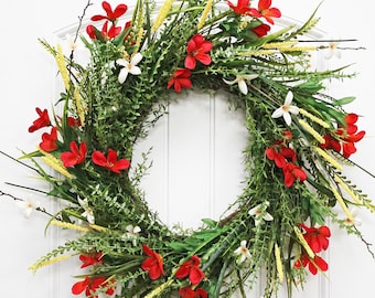 Wildflower Wreath for Front Door Spring Wreath Modern Summer Wreath with Red Orange Yellow White Flower Wreath Modern Farmhouse Wall Decor